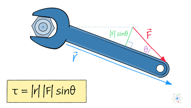 Torque diagram showing wrench, r vector, F vector, and theta angle with formula